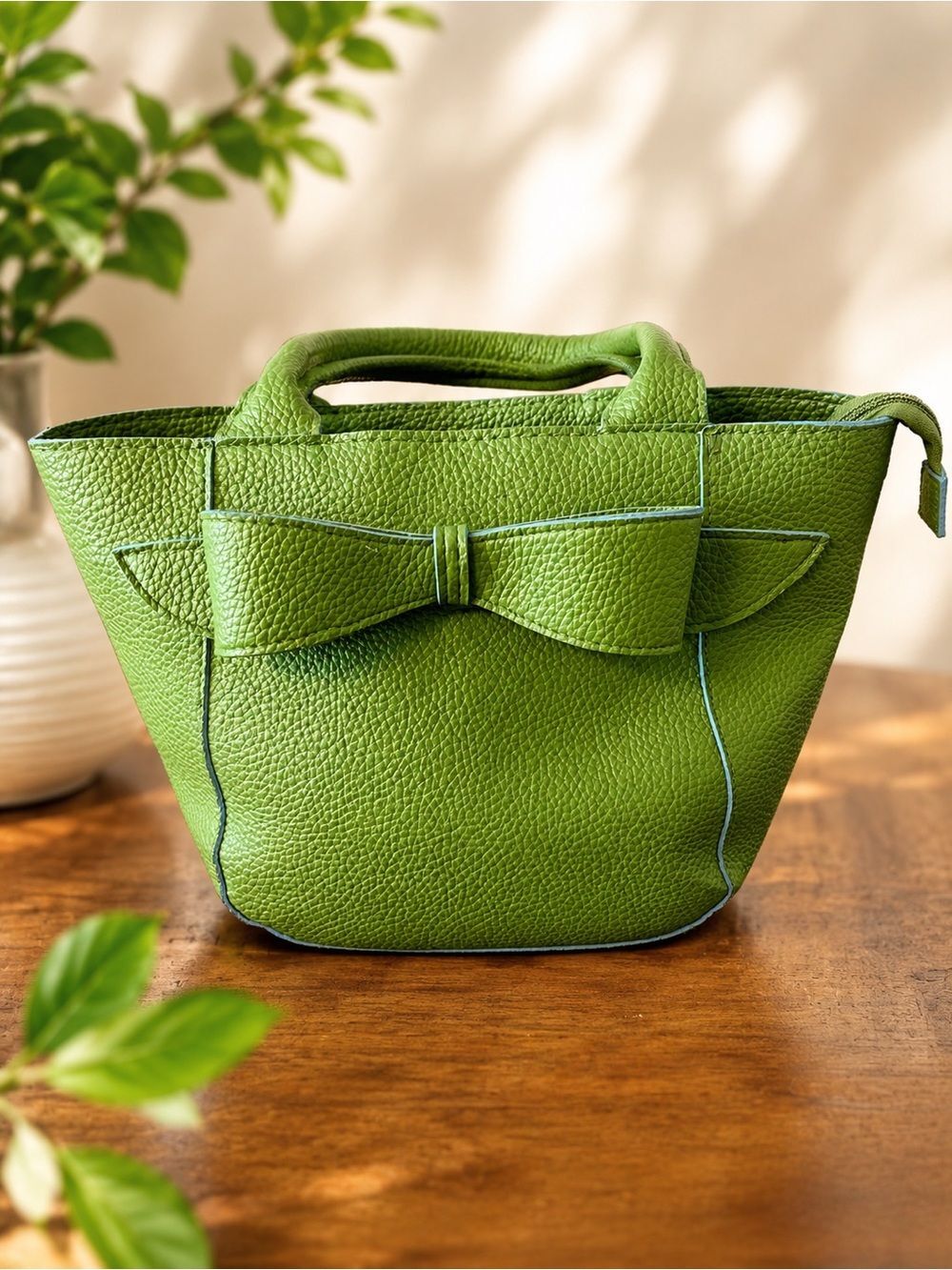 Green Bow Tote Bag vegan Leather Structured Handbag Green